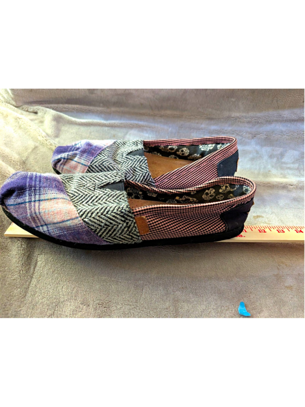 Women’s 11.5 Patchwork Plaid Herringbone Slip On Flats Loafers Skull Lining